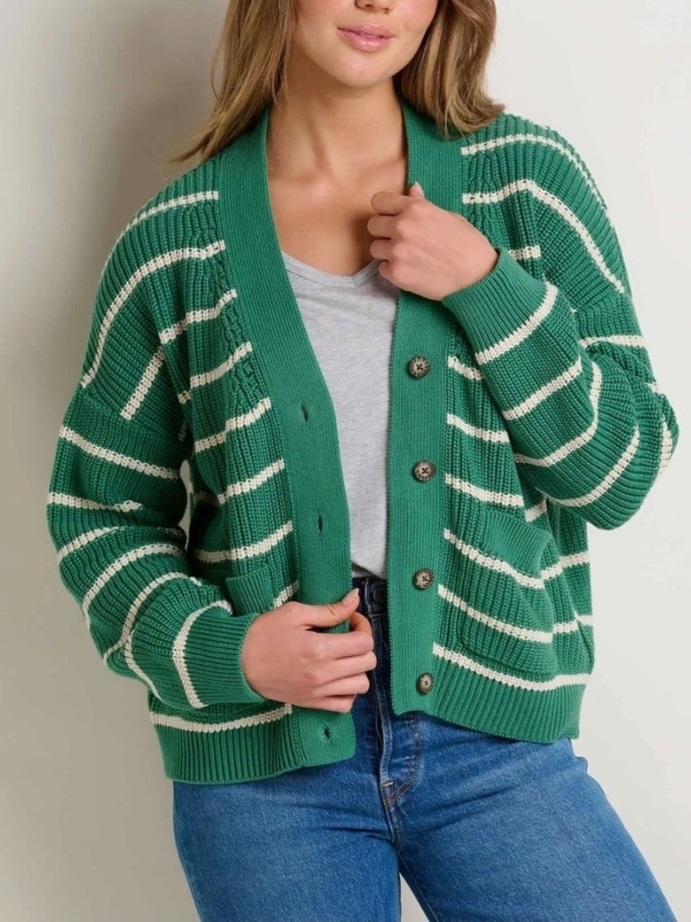 Toad & Co Bianca Shaker Palm Stripe Button-Front Women's Cardigan Sweater Small
